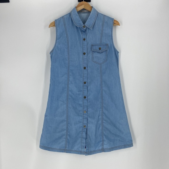 Denim sleeveless chambray lightweight button front short dress or tunic Large - Picture 12 of 14